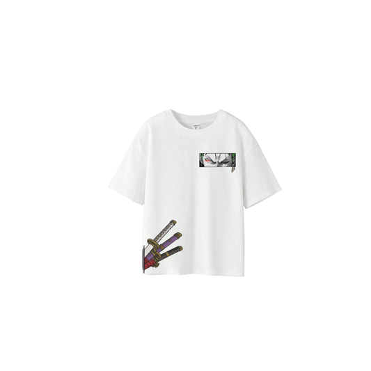Oversized White T-Shirt with Zoro Three-Sword Style Print - One Piece Design
